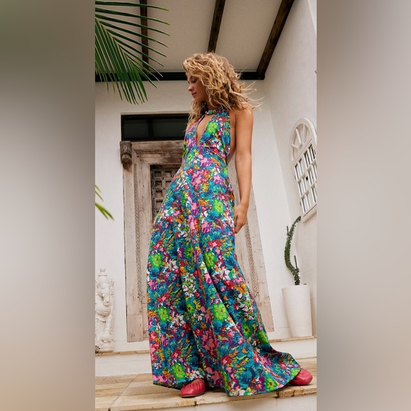 Free People Nouveau Tropic Plunging Halter Neck Linen Blend Bare Back Maxi ZB2 - Picture 5 of 13